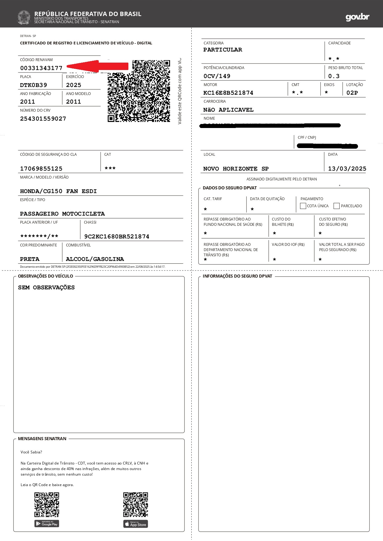 Exemplo indicando onde fica o RENAVAM no documento